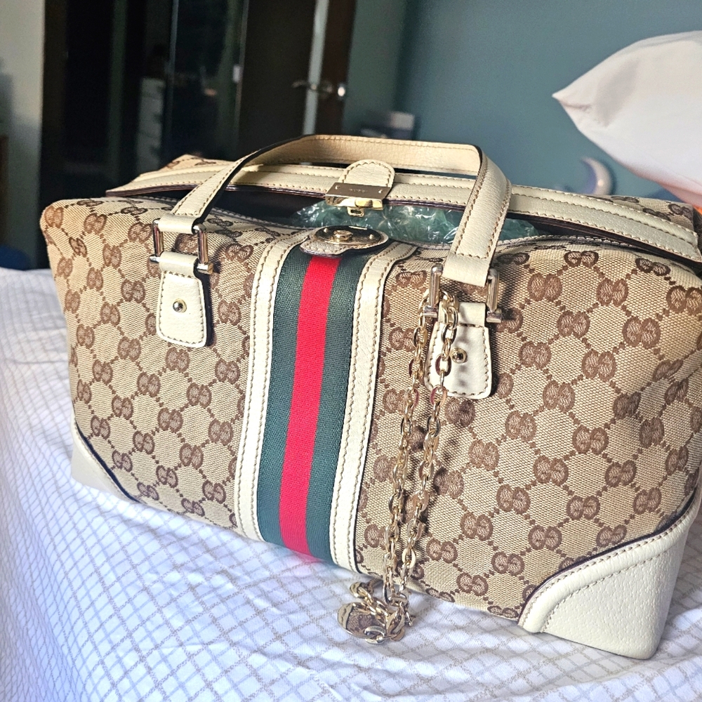 Gucci Vintage Large Canvas & White Leather with Red/Green Stripe & Lock/Key Bag